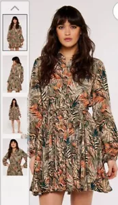 Apricot Tropical Leaves Shirt Khaki Green Dress Uk12 M RRP £39 - Picture 1 of 5