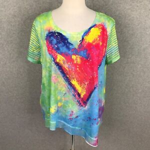 Leoma Lovegrove Tunic Top Shirt Heart Asymmetrical Hem Short Sleeve 3XL Colorful