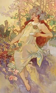 Schöne Rothaarige, Trauben, Herbstblumen von Alphonse Mucha 11 x 18 - Bild 1 von 1