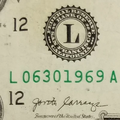$1 Birthday Anniversary Note June 30, 1969 Dollar Bill Fancy Serial Number L A - Image 1 of 4