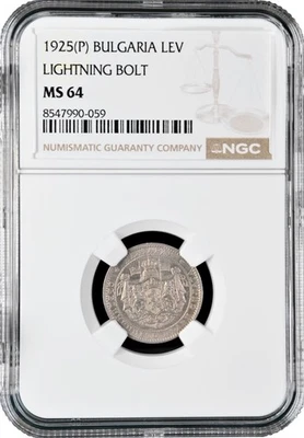 Bulgaria 1 lev 1925 (P), NGC MS64, "Tsar Boris III (1918 - 1943)" LIGHTNING BOLT - Image 1 of 2