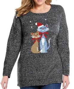 Woman Within Christmas Cats Sweater Plus 3X 30/32W Charcoal Gray Knit Cat Lady - Picture 1 of 10