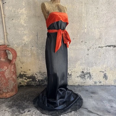 Vintage 1930s Black Silk Satin Dress Orange Silk Velvet Bow Wrap Lace Trim Bias - Image 1 of 4