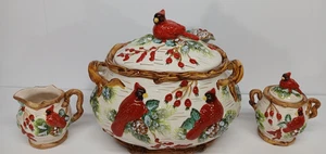 OLD WORLD CARDINAL CERAMIC SOUP TUREEN WITH LADLE CREAMER & SUGAR FREE SHIPPING - Picture 1 of 11