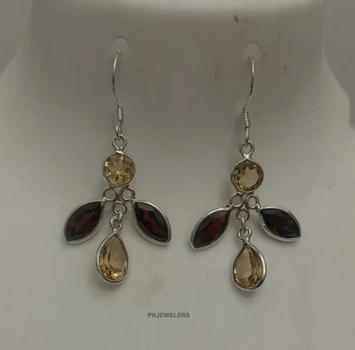 Orecchini in argento sterling 925 citrino naturale, pietra preziosa granata... - Immagine 1 di 4