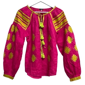 Harna Bluse Damen XS-S rosa gelb bestickt Leinen Ukraine Boho Quaste Top - Bild 1 von 13