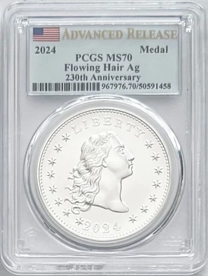 2024 SILVER FLOWING HAIR AG ADVANCED RELEASE 230TH ANNIVERSARY PCGS MS70 FLAG - Image 1 of 2