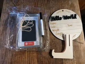 Hello World Neu Baby Ankündigung Holz Plakette Geschenk Datum Neu Schichtholz S1b - Bild 1 von 3