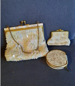 Pailetten clutch, Abendtasche, Vintage, mit Puderdose und Geldbörse - Bild 1 von 4