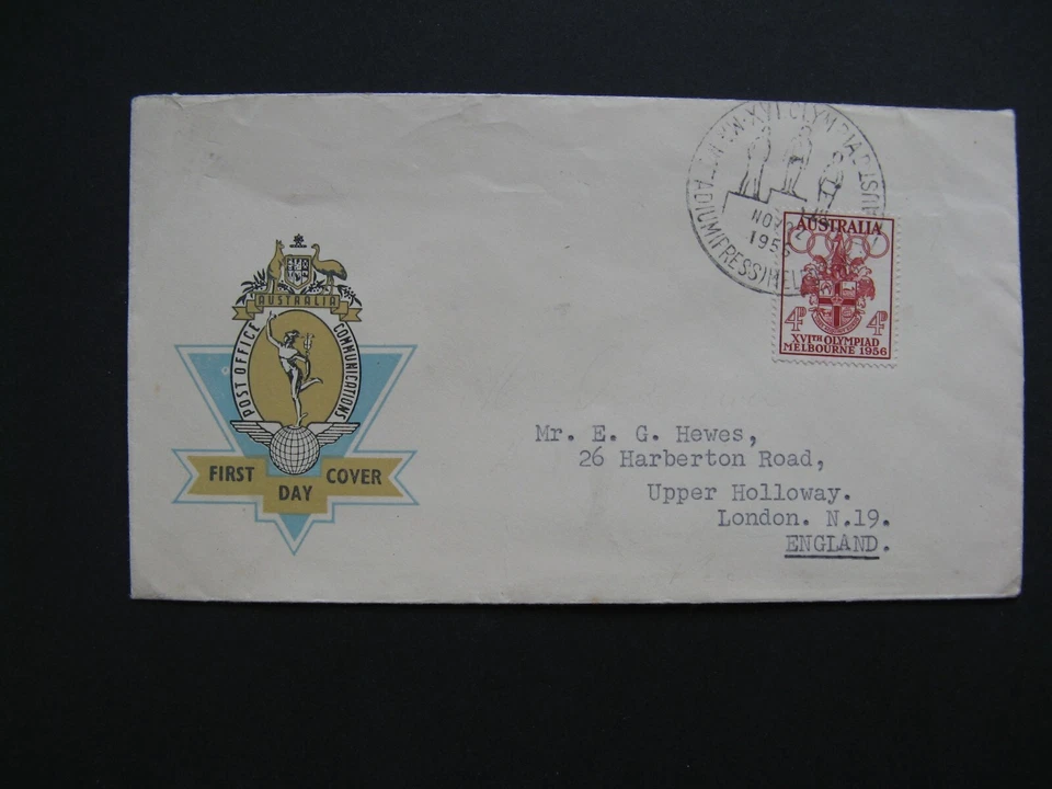 AUSTRALIA, portada de evento 1956 a Inglaterra, especificaciones de los Juegos Olímpicos. canc. 22-11-1956 Foto 1 de 2