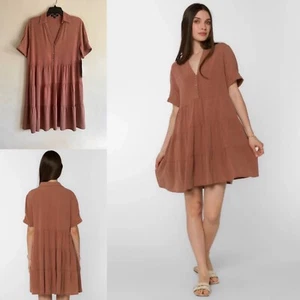 VELVET HEART Babydoll Oversized Shirt Dress S M/L? Brown Short Sleeve Boho Femme - Picture 1 of 7