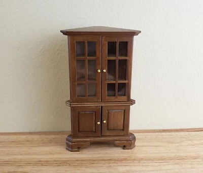 Dollhouse Miniature Corner Kitchen Hutch Walnut Finish 1:12 Scale Furniture - Image 1 of 4