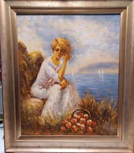 Niña en Blanco Litografía junto al Mar Lienzo Vintage Lago 29X25" Enmarcado - Imagen 1 de 11