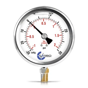 4" Vacuum Gauge, Stainless Steel Case, Liquid Filled, Lower Mnt -30 Hg/+30 psi - Picture 1 of 6