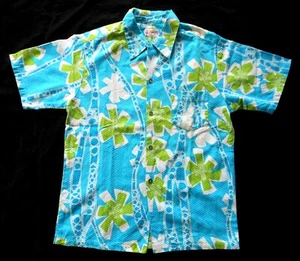 Vtg Men's KAHILI Fashions Hawaiian Tiki Shirt 100% Cotton Bold Blue & Green Sz L - Picture 1 of 6
