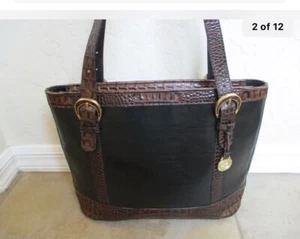 Brahmin Vintage Black/Pecan Crocodile Leather Trim Shoulder Tote Purse - Picture 1 of 5