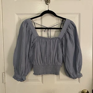 New Forever 21 Womens Top Size Small Blue Cropped Smocked Puff Sleeves Blouse - Picture 1 of 22