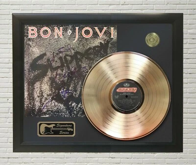 Bon Jovi Enmarcado Madera Negra Reproducción Firma Oro LP Display  Foto 1 de 4
