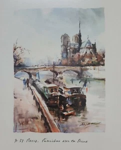 Peniches on Seine River View of Notre Dame Paris France Watercolor Print Vintage - Picture 1 of 11