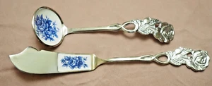 Silver Plated Handcrafted Butter Knife & Spoon. Decorated with White Blue Rose - Picture 1 of 16