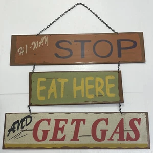 "Hi-Way Stop, Eat Here, And Get Gas" Hanging Metal Sign 17" T x 19-1/2" L - Picture 1 of 6