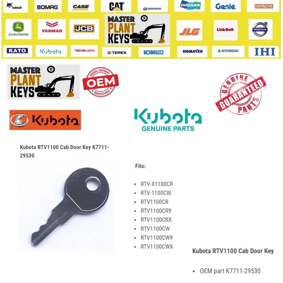Kubota RTV1100 Cab Door Key OEM part K7711-29530 Master Plant Keys - Image 1 of 1