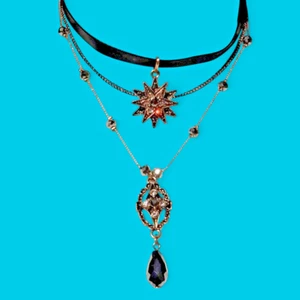 CELESTIAL MULTISTRAND NECKLACE black star burst sun art deco stacked choker 6V - Picture 1 of 7