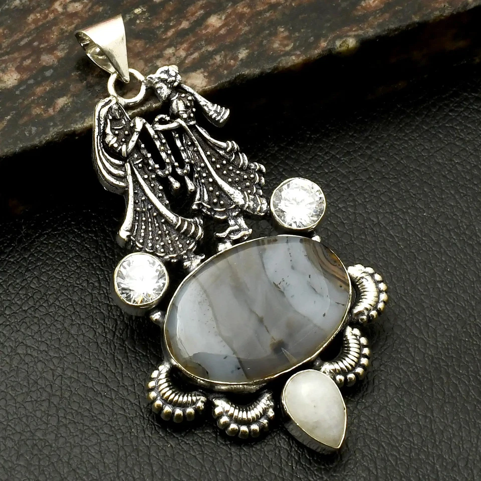 Montana Ágata Topacio Blanco Piedras Preciosas Étnico Hecho a Mano Colgante Joyería 3" AP-38340 Foto 1 de 1