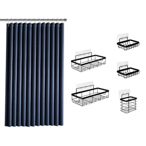 Marineblau Duschvorhang Set mit schwarzem Duschcaddy hängend - Stoff Dusche... - Bild 1 von 9