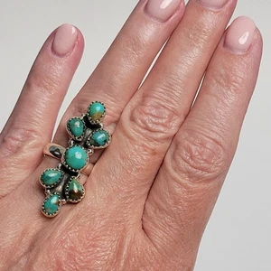 Southwest Royston Turquoise 7-Stone Cluster Ring. 925 Sterling Silver Size 6.5-9 - Picture 1 of 8