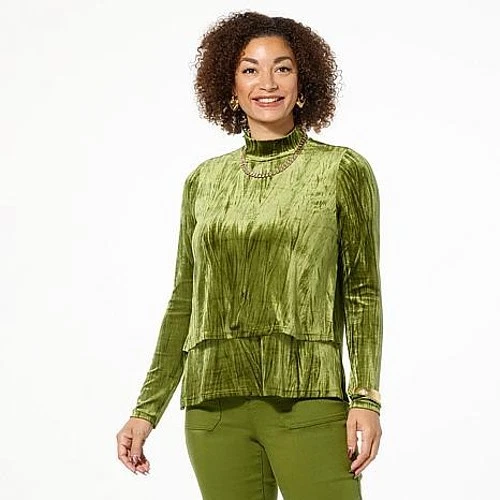 DG2 by Diane Gilman Crushed Velvet Mock-Neck Easy Shirt Pesto M New - Image 1 of 1
