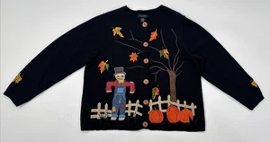 Vintage Halloween Womens Cardigan Sweater XL Colorful Scarecrow Fall Applique - Picture 1 of 11