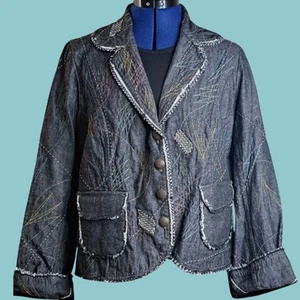 NWOT Vintage LOOK Boutique Denim Jacket Size M USA Patchwork Frayed Black - Picture 1 of 14
