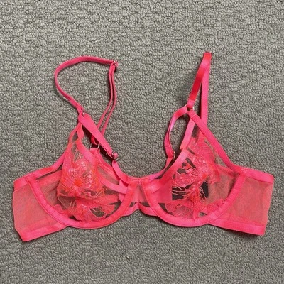Honey Birdette Pink Embroidered Sheer Bra AUS 10B Mesh Lace Underwire Lingerie - image 1 of 4