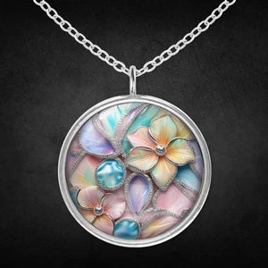 Halskette Mit Rundem Anhänger Silber Blumen Blume Kette Frau Schmuck Bunt Pastel - Bild 1 von 5