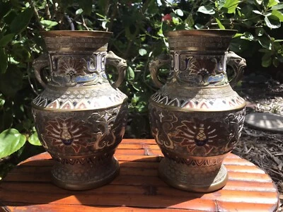 Antique 1900 Japanese Bronze Enameled Champleve Vase Set Of 2 - Image 1 of 4