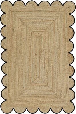 Rug Black Design Scallop Jute Rug Rectangle Area Carpet For Living Room Hallway - Image 1 of 4