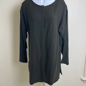 Eileen Fisher Green Waffle Knit Tunic Top Button Front Viscose Wool Blend Small - Picture 1 of 5