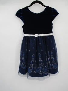 Jona Michelle Girls Dress 7 Blue Sequins Lined Short Sleeves Button Back Velour - Picture 1 of 16