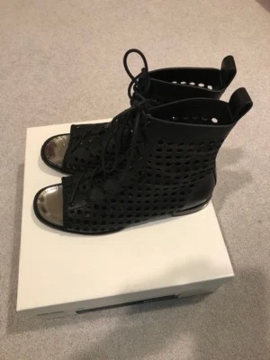 PROENZA SCHOULER Black Leather Laser Cut Lattice Lace Up Ankle Boots sz 9.5 Mint - Image 1 of 4