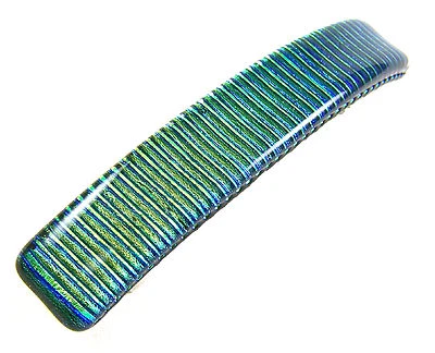 Dichroic Hair Barrette 3.5" 90mm Olive Green Fused Glass Striped Reed Texture - Image 1 of 4