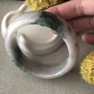 58mm Light Pink Lavender Green Float Flowers Moss D-shaped Jadeite Jade Bangle - Picture 1 of 8