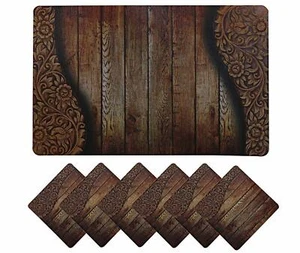 Dining Table Placemat Set with Tea Coasters Wooden Design PVC 6 Piece Brown - Picture 1 of 4