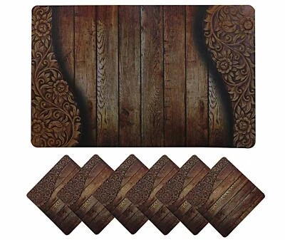 Dining Table Placemat Set with Tea Coasters Wooden Design PVC 6 Piece Brown - Image 1 of 4