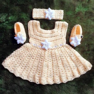 Infant Baby Girl Clothes Handmade Crochet New-born Baby Dress Knit Frock Shoes - Picture 1 of 5