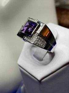 Princess Cut Simulated Amethyst Men's Stunning Band Ring 14k White Gold Plated - Picture 1 of 7