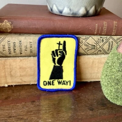 Vintage 1960’s NOS Religious One Way Pointing Finger & Cross Patch  3x2” Yellow - Image 1 of 2