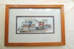 KITCHEN FRAMED PRINT W/GLASS TABLE W/ PIE ,FLOWER  FRUIT VERY NICE 13 X 9 FRAME - Picture 1 of 3