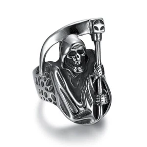 Mens Biker Goth Death Skull Grim Reaper Ring Stainless Steel Size 6-15 - Picture 1 of 6