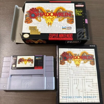 Shadowrun 超级任天堂 SNES 完整带盒手册和海报 复古 正品 — 第 1/4 张图片